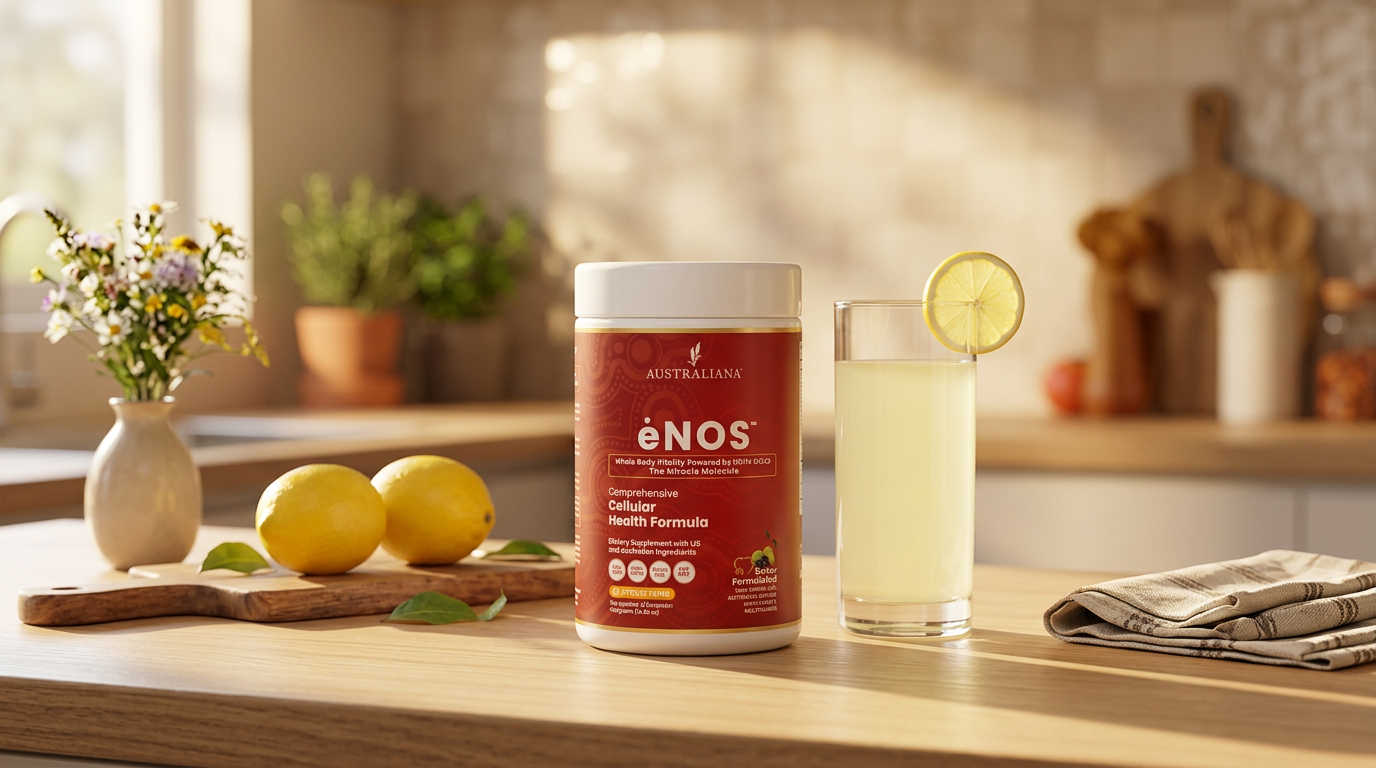 The ėNOS canister beside a glass of Citrus Tang on a sunlit modern kitchen bench with fresh lemons and flowers