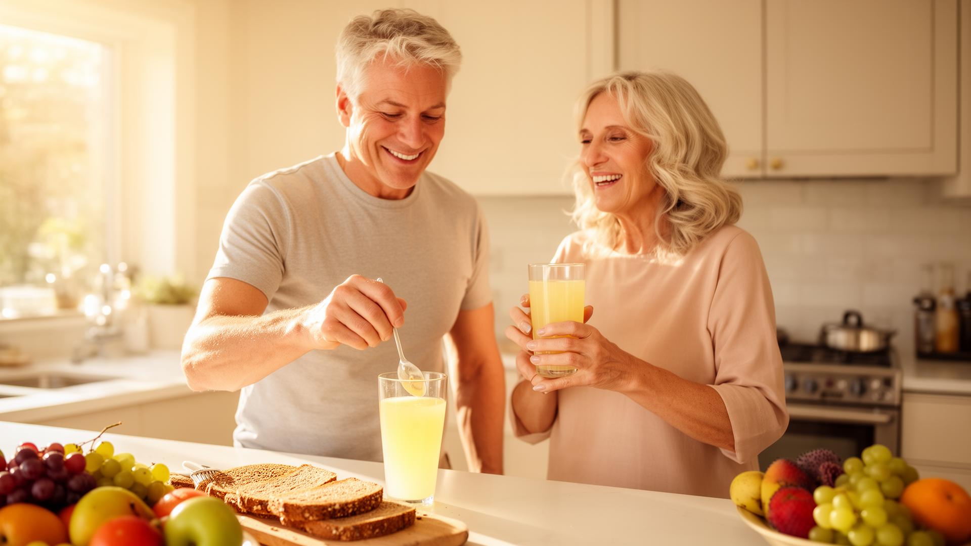 A happy couple in their fifties enjoying ėNOS with a healthy breakfast in a sunlit kitchen