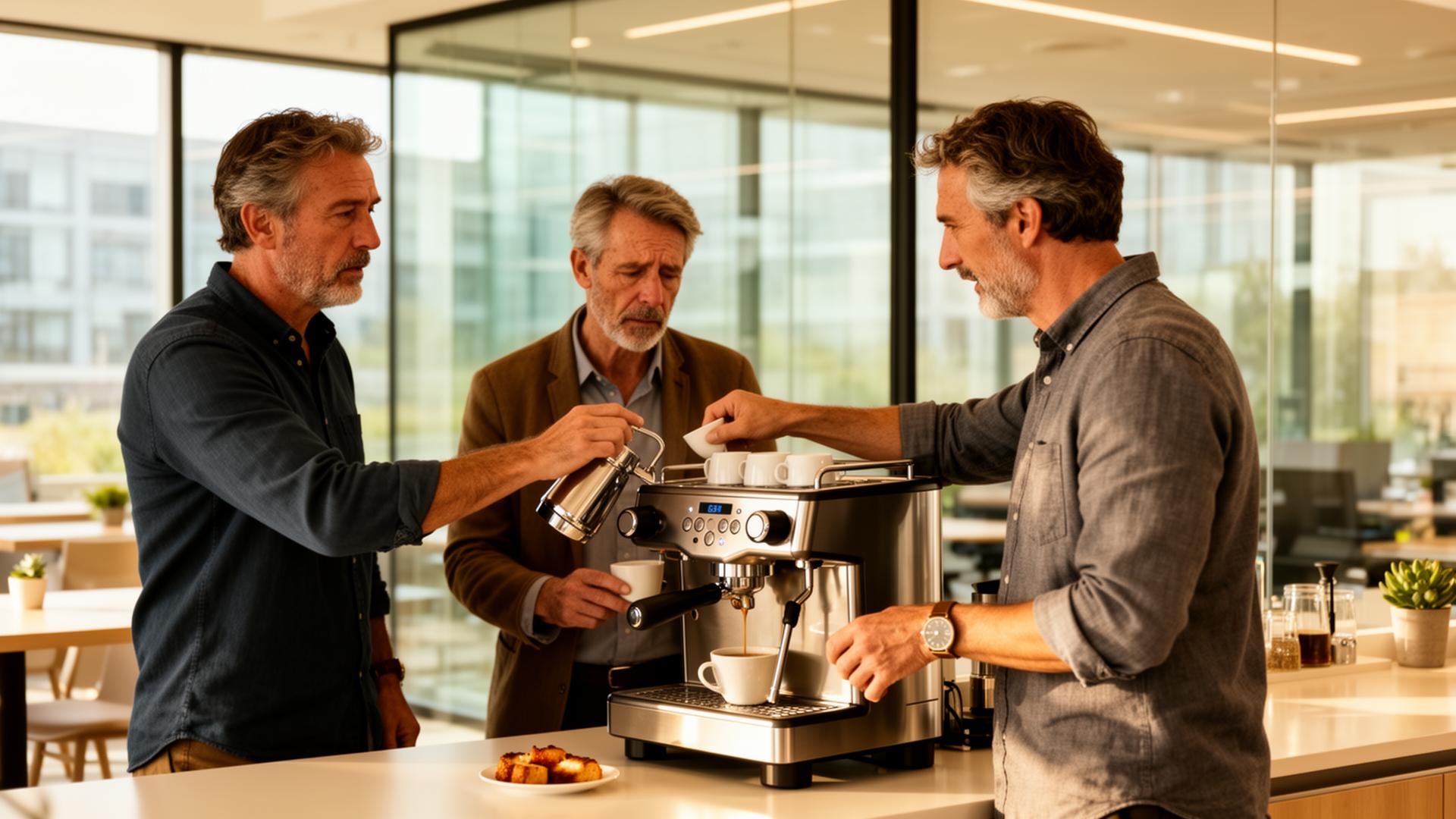 Colleagues around an office espresso machine pouring a third coffee