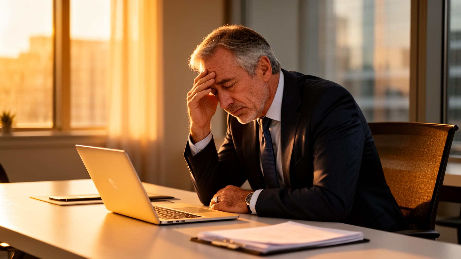 A professional man resting his head in his hand at his desk in late afternoon