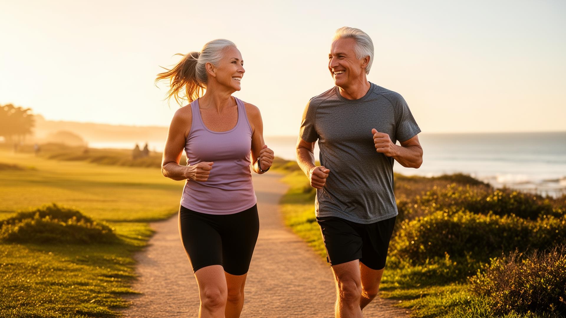 An active mature couple jogging on a coastal path at golden hour